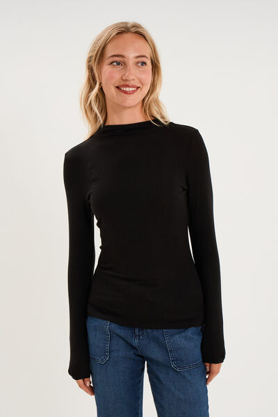 T-shirt cintr&eacute; col montant lyocell noir femme