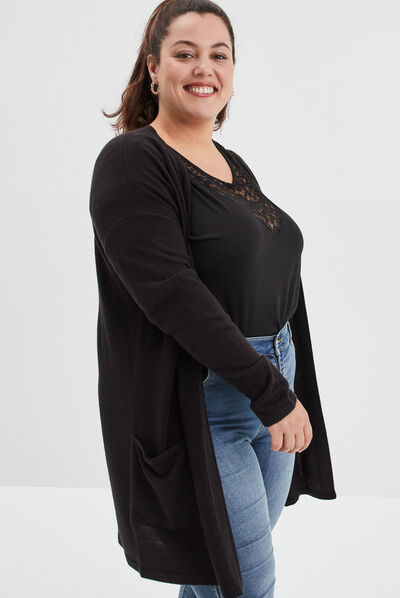 Gilet mi-long avec col en V noir femme grande taille