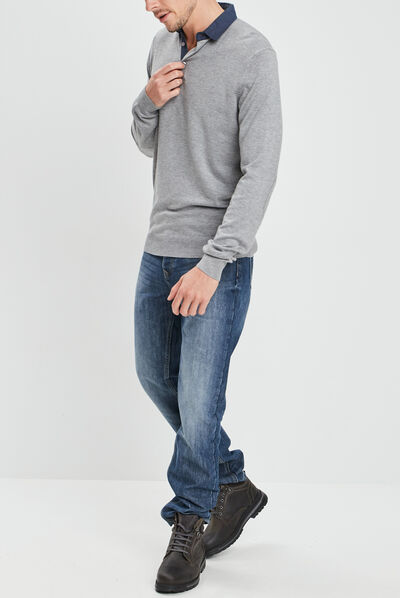 Pull avec col polo gris clair homme