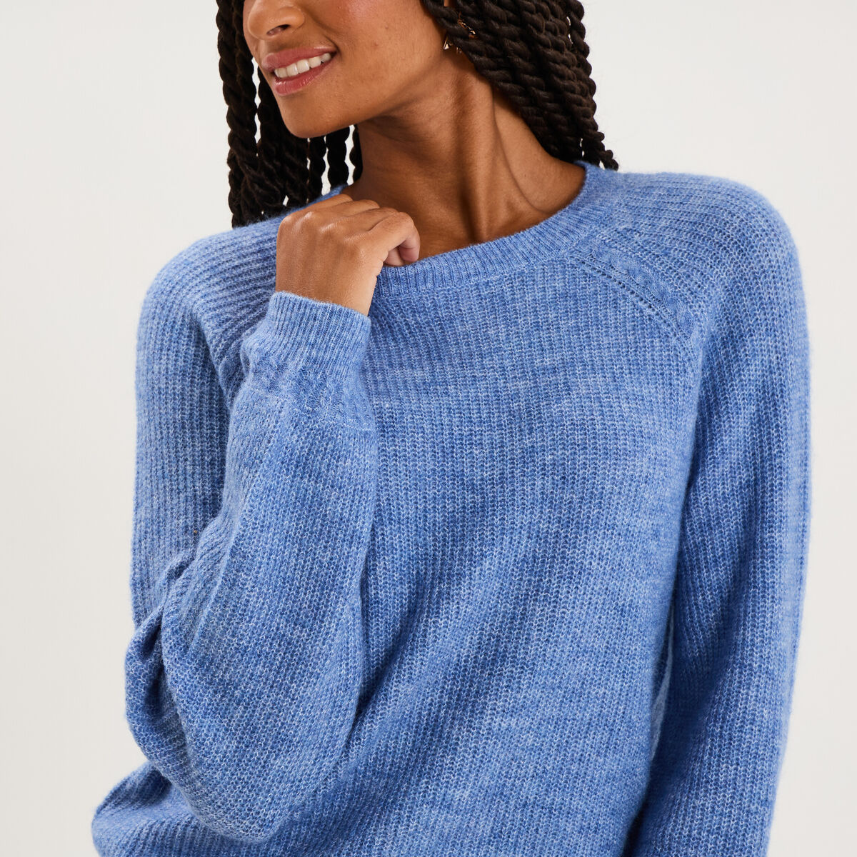 Pull col rond manches longues bleu ciel femme