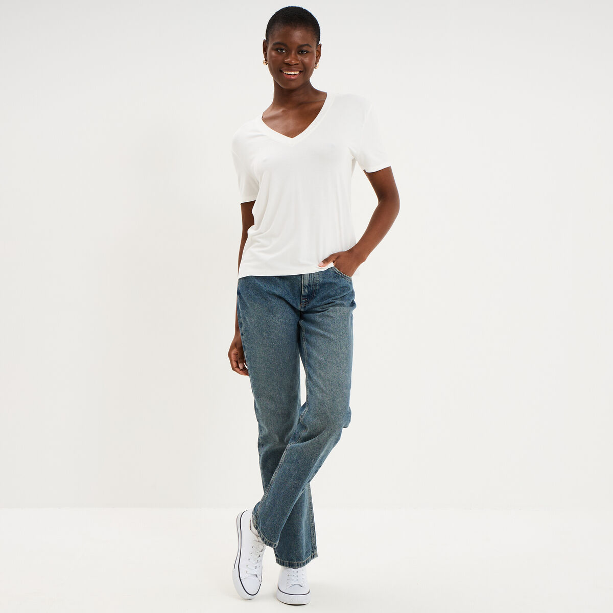 T-shirt fluide col en V manches courtes blanc femme