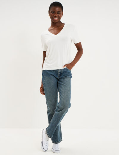 T-shirt fluide col en V manches courtes blanc femme