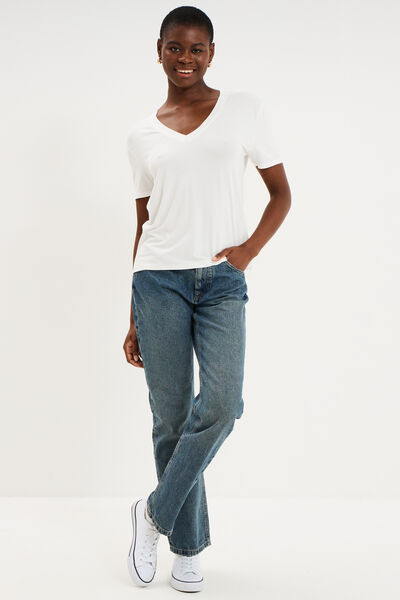 T-shirt fluide col en V manches courtes blanc femme