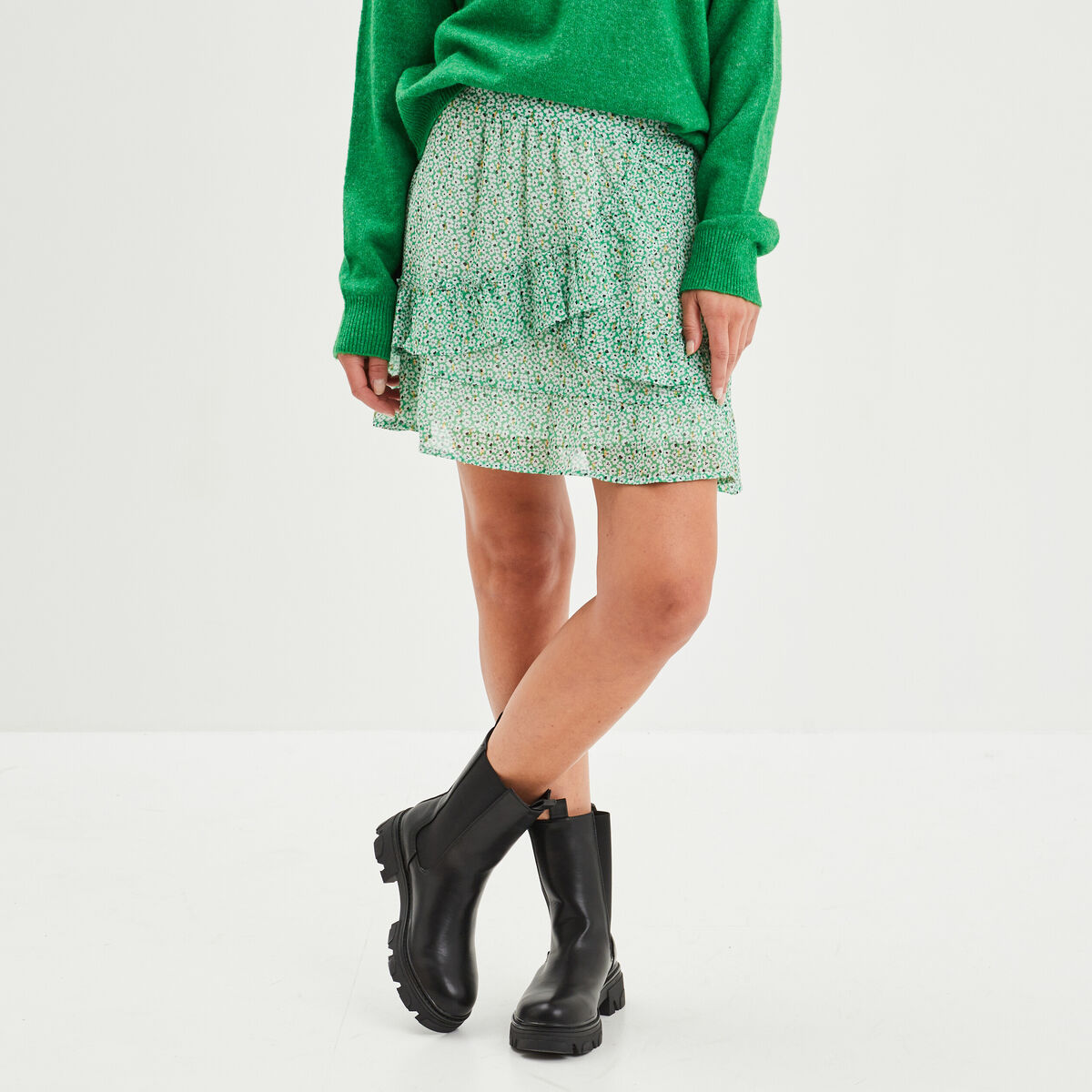 Jupe courte patineuse à volants vert femme