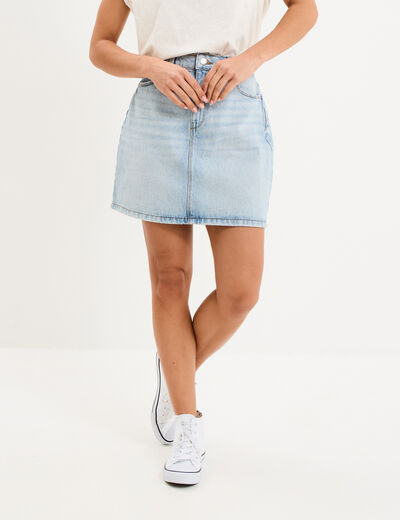 Jupe en jean courte trap&egrave;ze coton denim triple stone femme