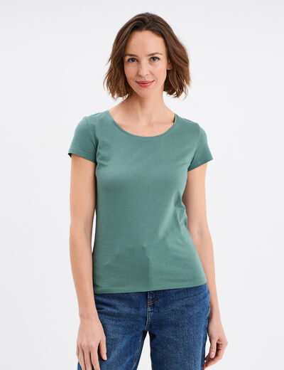 T-shirt coton col rond manches courtes vert foncé femme