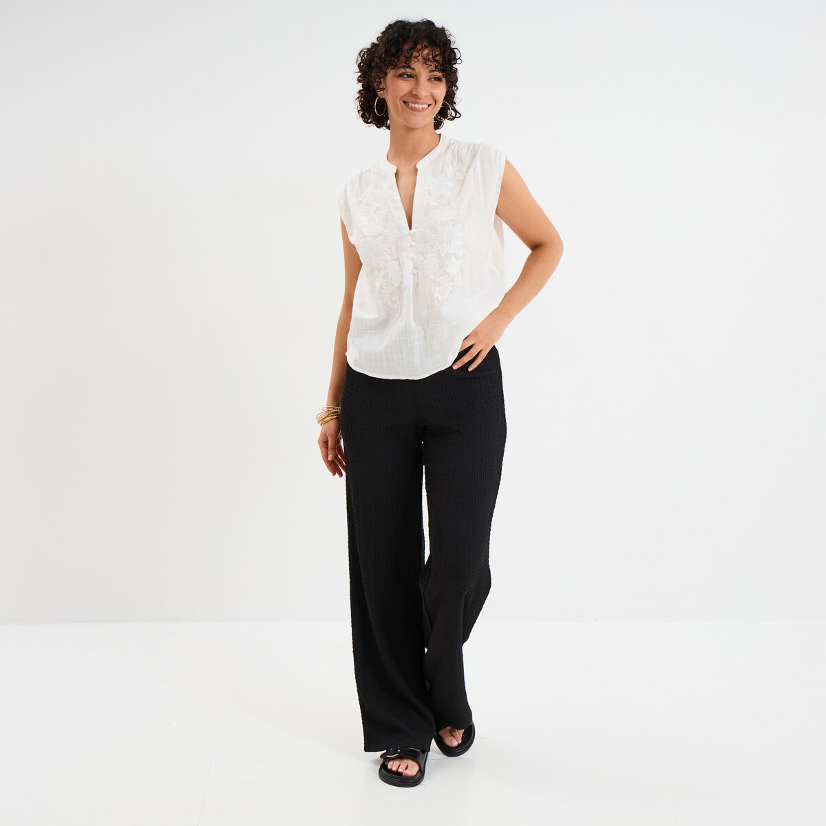 Blouse col tunisien sans manches coton blanc femme