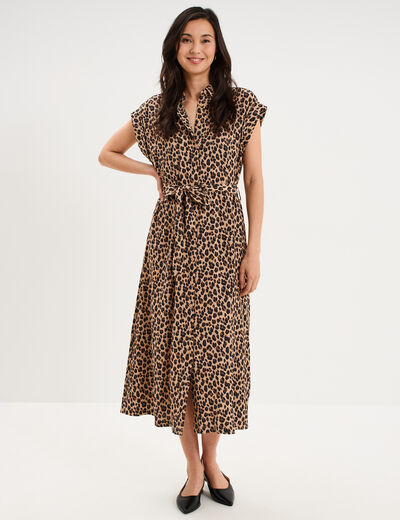 Robe chemise longue taille ajustable beige clair femme