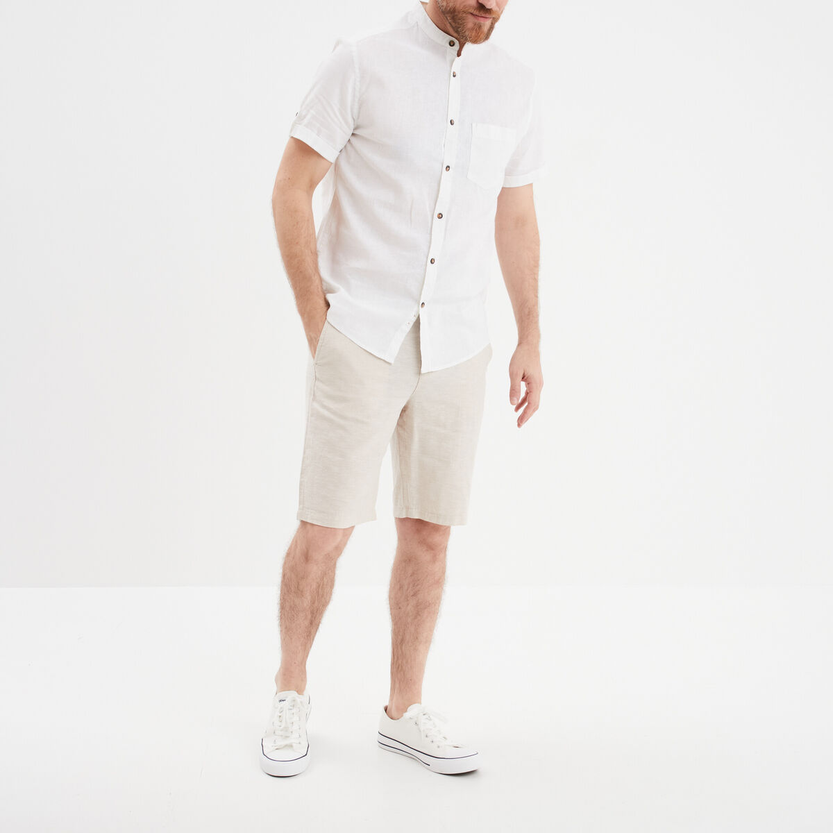Chemise col mao lin mélangé blanc homme