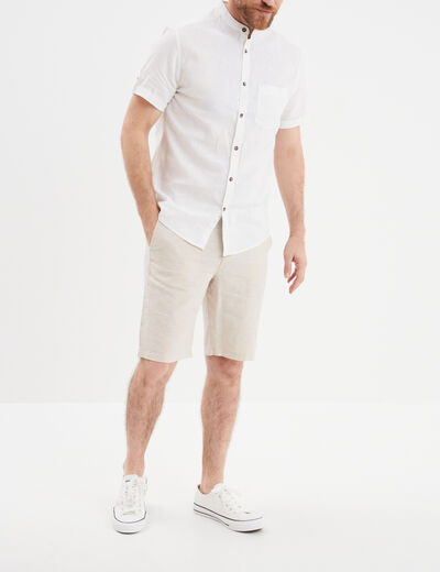 Chemise col mao lin mélangé blanc homme