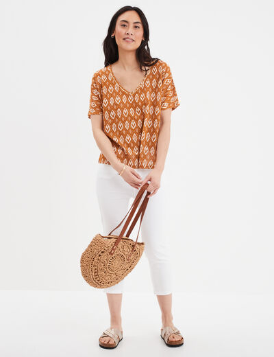 T-shirt col en V manches courtes jaune moutarde femme