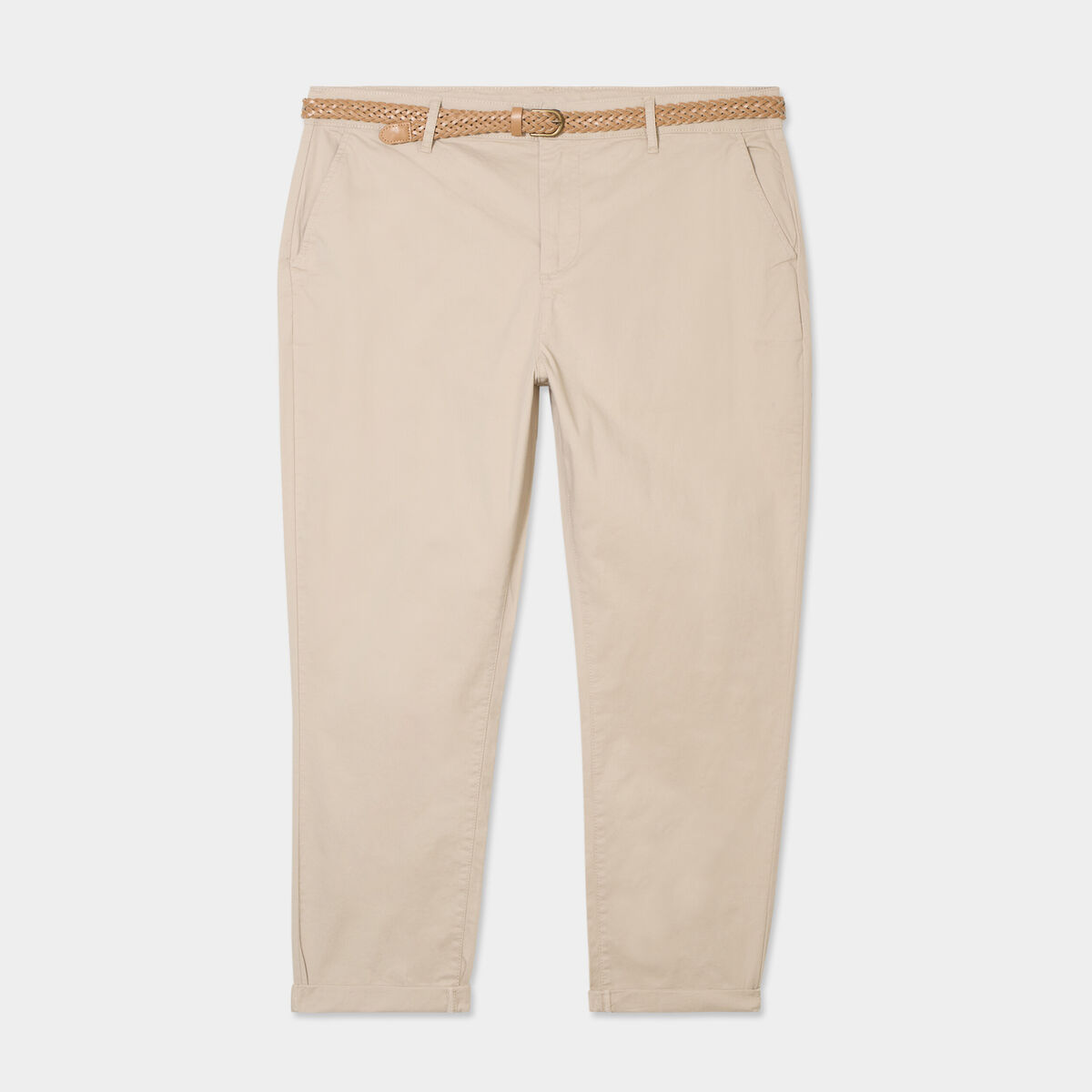 Pantalon chino taille haute coton beige femme grande taille