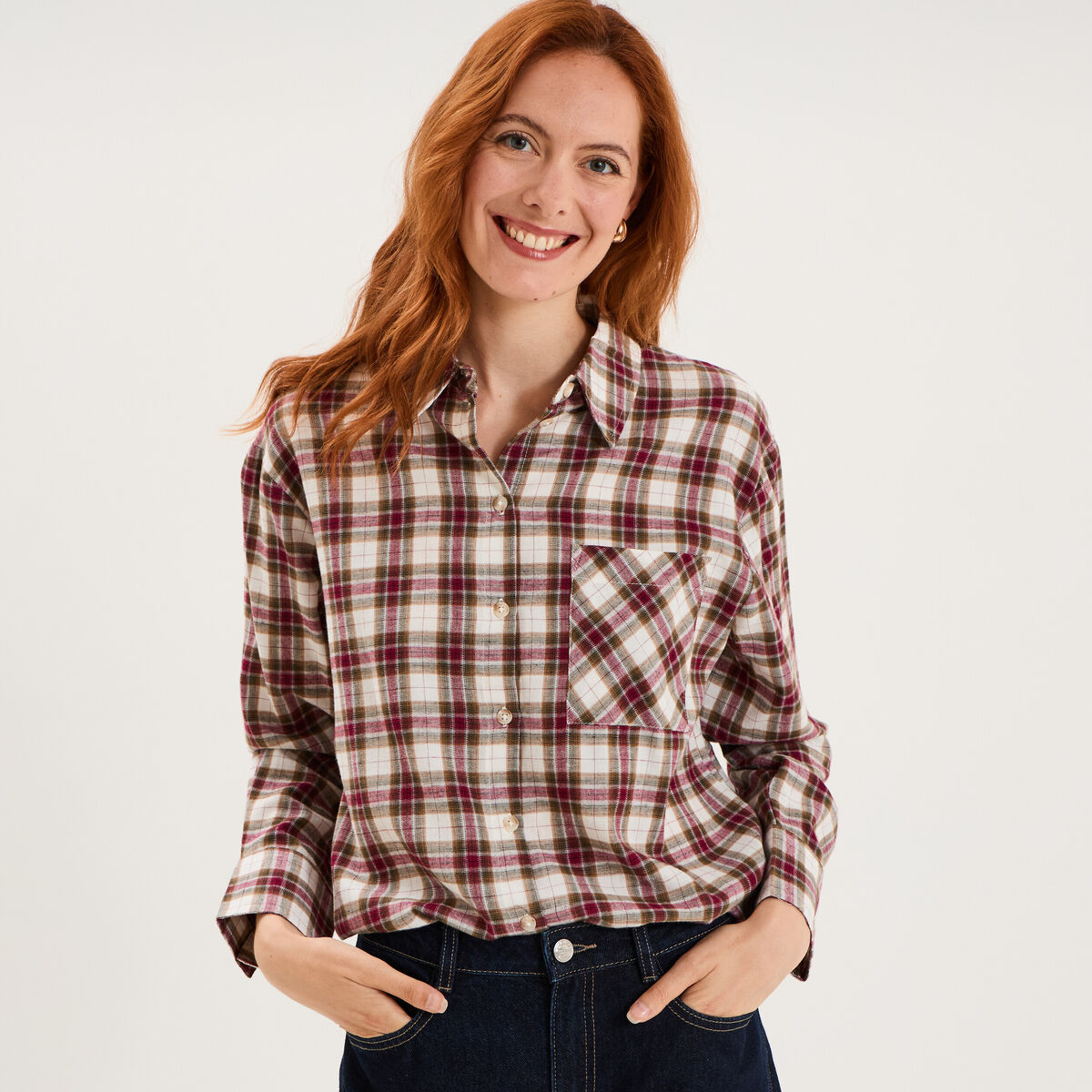 Chemise manches longues coton bordeaux femme