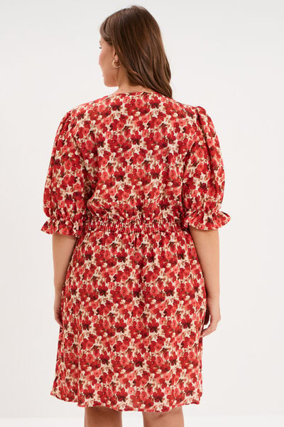 Robe longueur genou smock&eacute;e col V rouge coquelicot femme grande taille