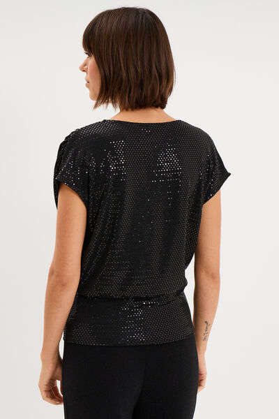 T-shirt &agrave; paillettes col cache-coeur noir femme