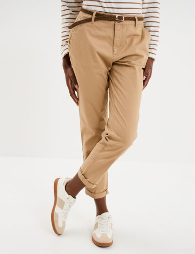Pantalon chino 7/8&egrave;me ceinture tress&eacute;e beige femme