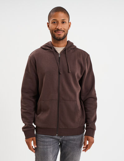 Sweat zippé molleton à capuche marron foncé homme