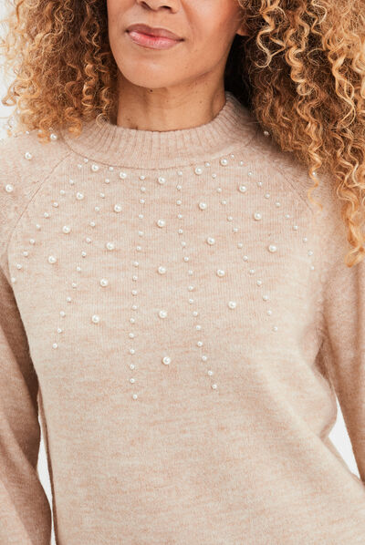Pull avec perles et manches ballons beige femme