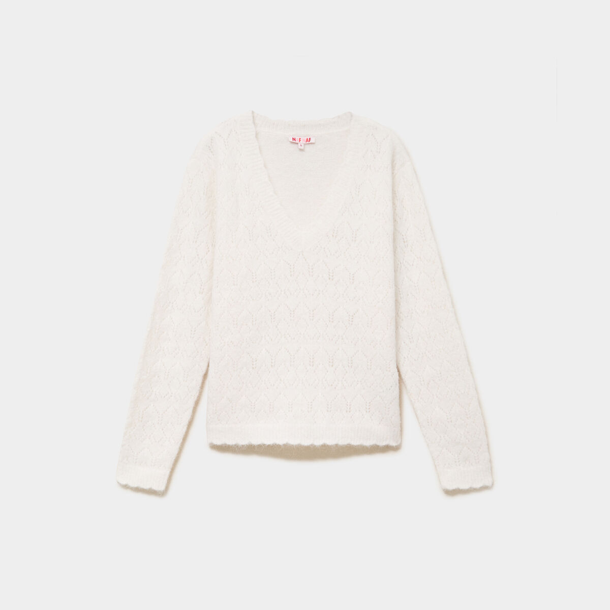 Pull col V ajour&eacute; manches longues blanc femme