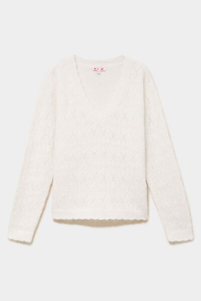 Pull col V ajour&eacute; manches longues blanc femme