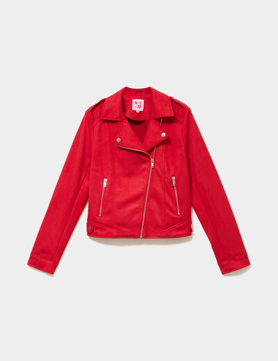 Veste biker effet su&eacute;dine rouge femme