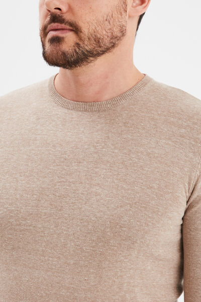 Pull droit col rond coton m&eacute;lang&eacute; beige homme