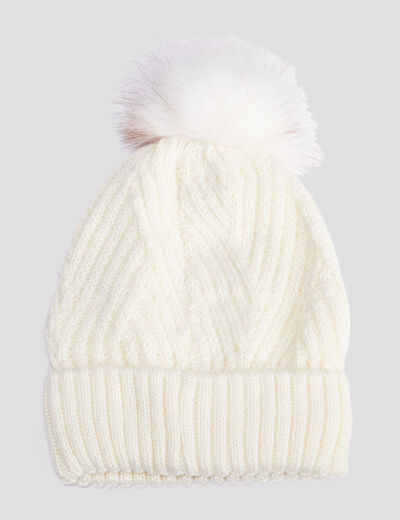 Bonnet à pompon ivoire femme
