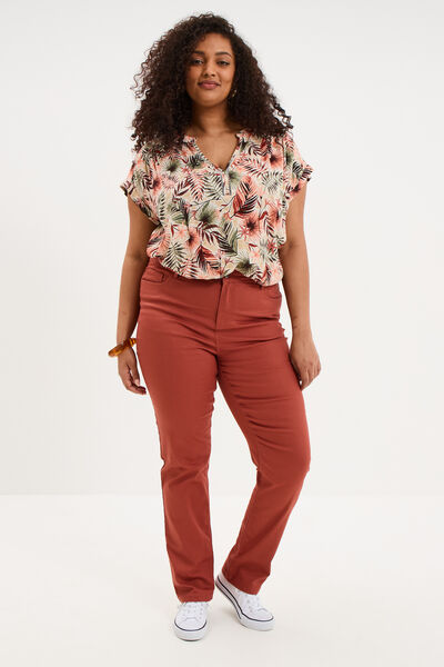Blouse col en V manches courtes beige femme grande taille