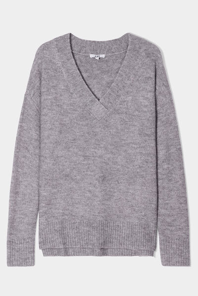 Pull col en V fentes aux côtés gris clair femme