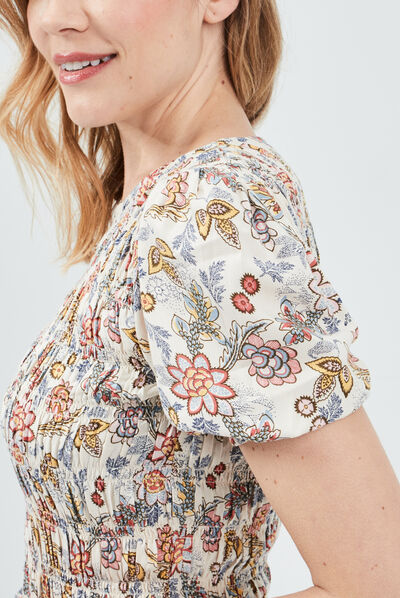 Blouse manches courtes smockée beige femme