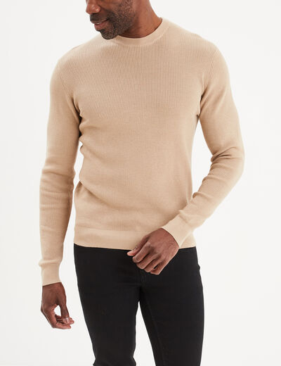 Pull en maille textur&eacute;e col rond beige homme