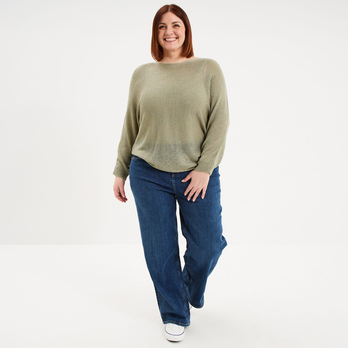 Pull manches longues col rond vert kaki femme grande taille