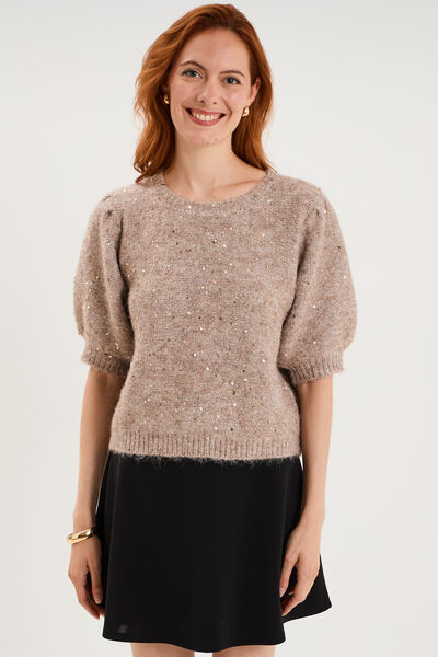 Pull sequins et manches courtes ballons beige femme