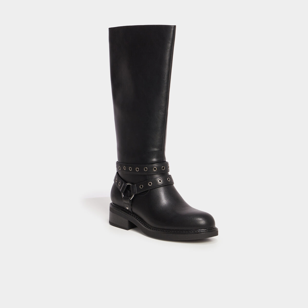 Bottes talons plats brides &agrave; oeillets noir femme