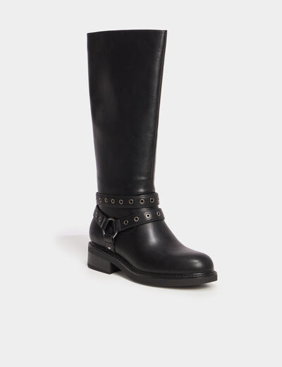 Bottes talons plats brides à oeillets noir femme