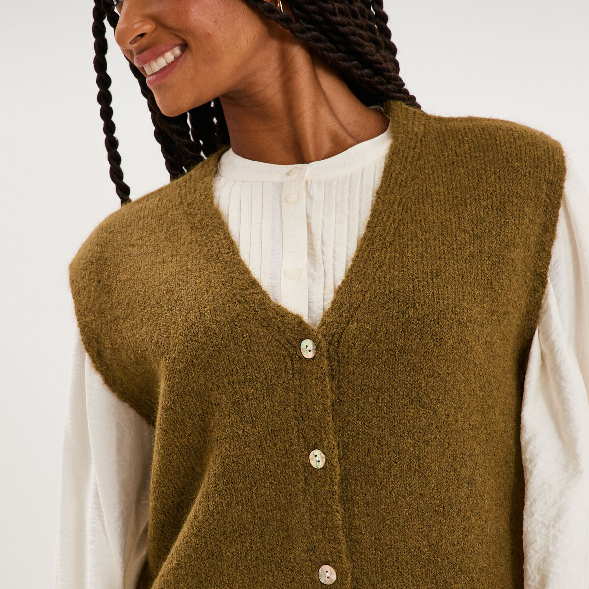 Gilet sans manches col en V vert olive femme