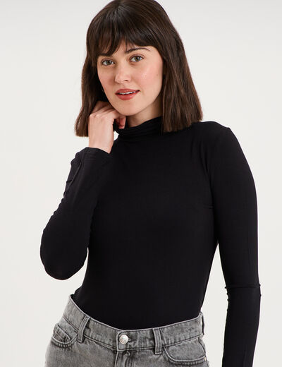 T-shirt manches longues col roul&eacute; noir femme