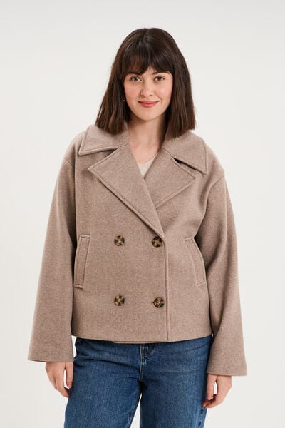 Manteau court double boutonnage beige femme