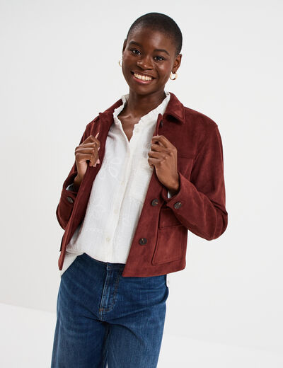 Veste effet su&eacute;dine boutonn&eacute;e bordeaux femme