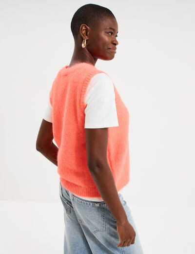 Pull sans manches col rond rose fluo femme