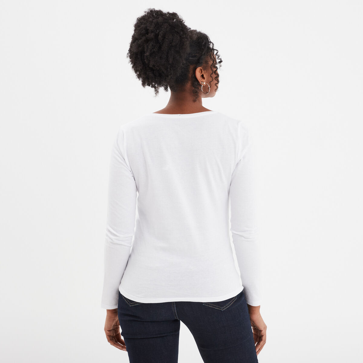 T-shirt coton col rond manches longues blanc femme