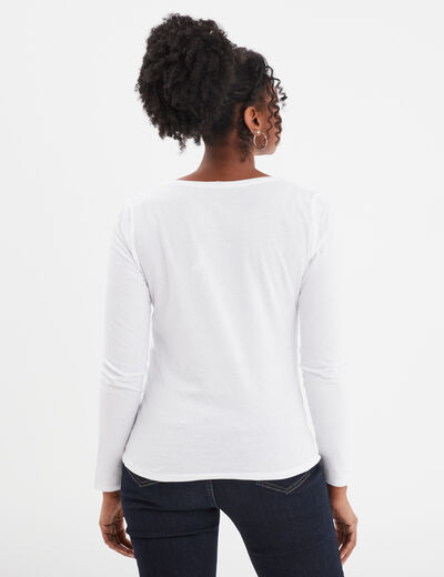 T-shirt coton col rond manches longues blanc femme