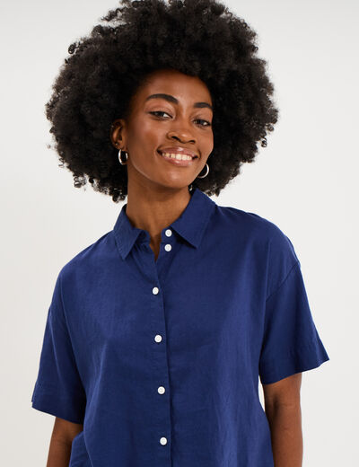 Chemise manches courtes lin m&eacute;lang&eacute; bleu fonc&eacute; femme