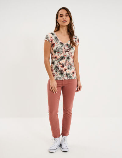 T-shirt col V droit manches courtes vert kaki femme