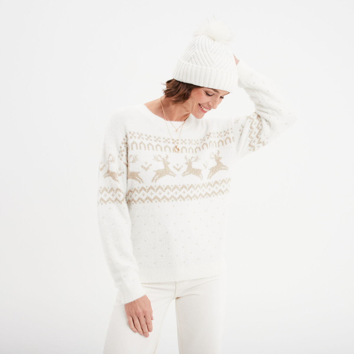 Pull Noël col rond manches longues blanc femme