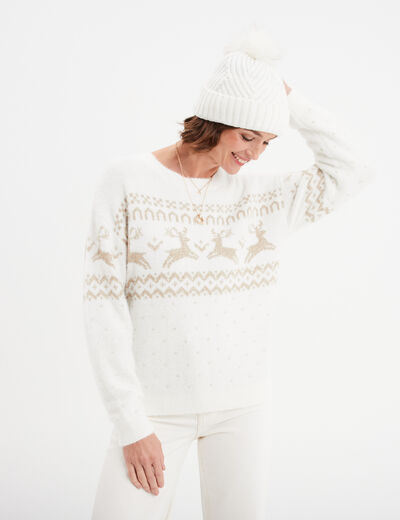 Pull Noël col rond manches longues blanc femme