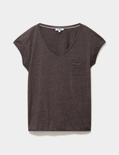 T-shirt col v poche poitrine marron fonc&eacute; femme