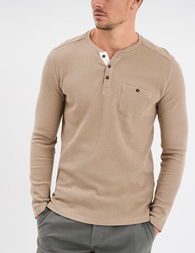 T-shirt col tunisien 1 poche Trappeur taupe homme