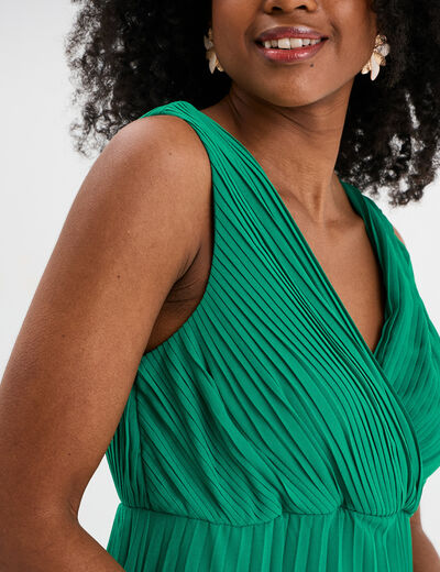 Robe longue plissée sans manches col V vert émeraude femme