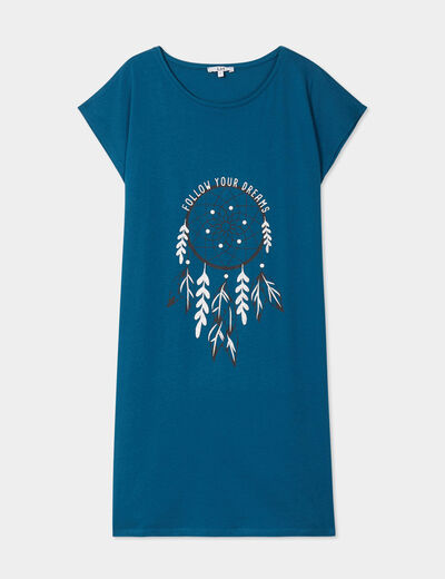 Chemise de nuit courte col rond bleu canard femme